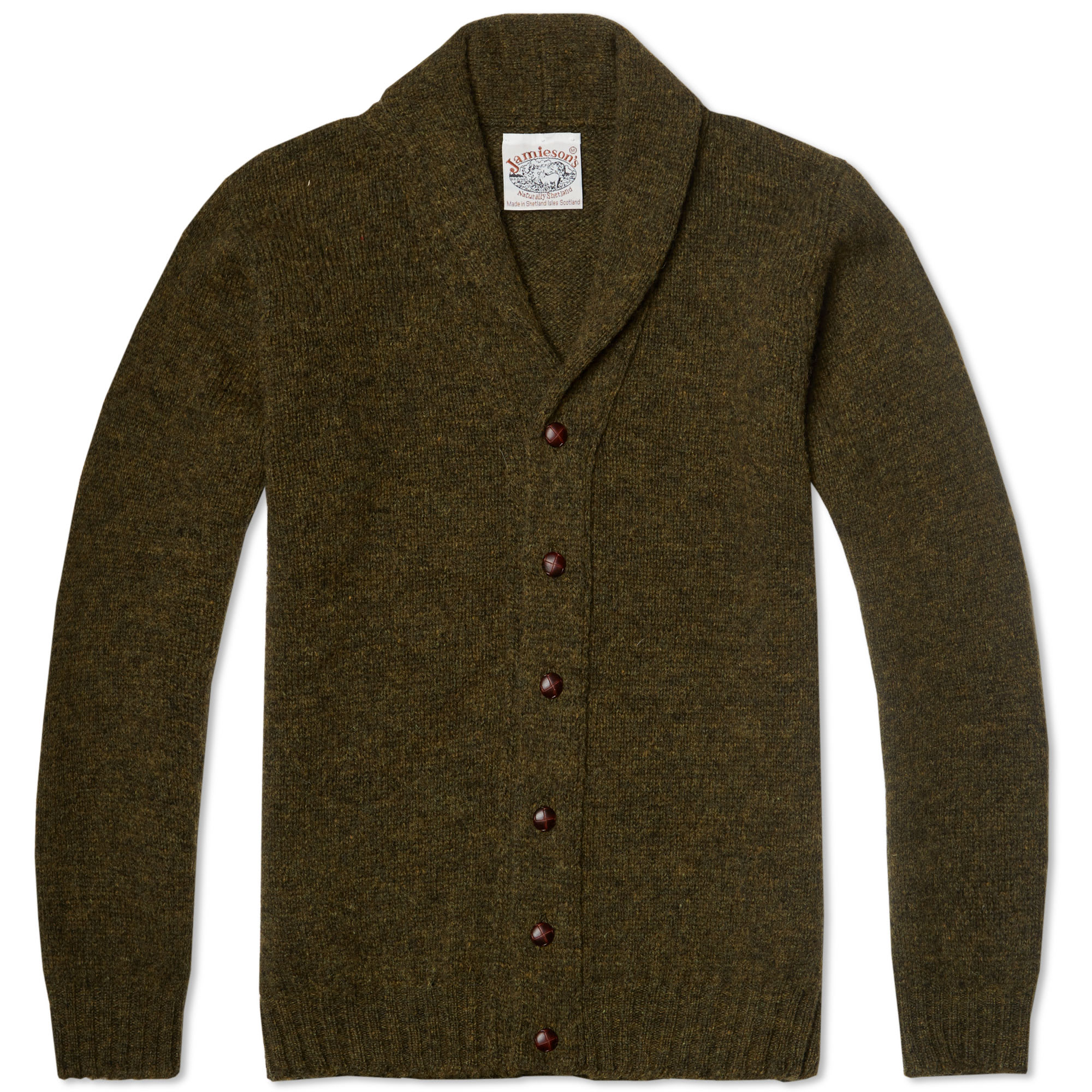 Jamieson's of Shetland Elbow Patch Shawl Collar Cardigan (Spagnum)