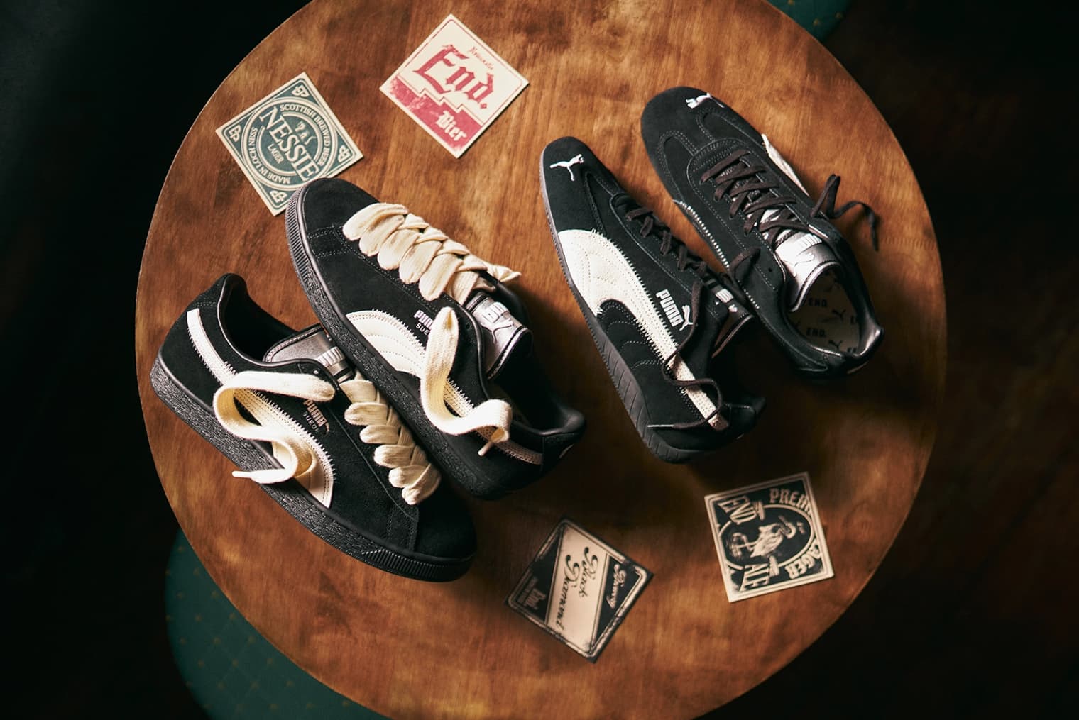 End Puma suede and speedcat sneaker, black and white.