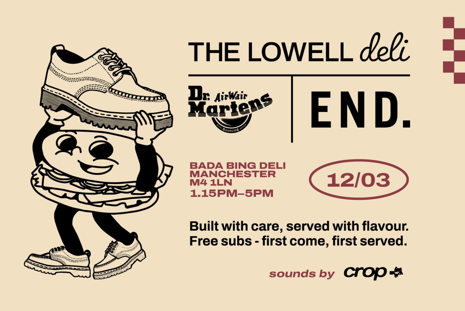 A cartoon sandwich holds a drawing of the Dr. Martens Lowell shoe above its head next to text outlining The Lowell Deli event at Bada Bing. 