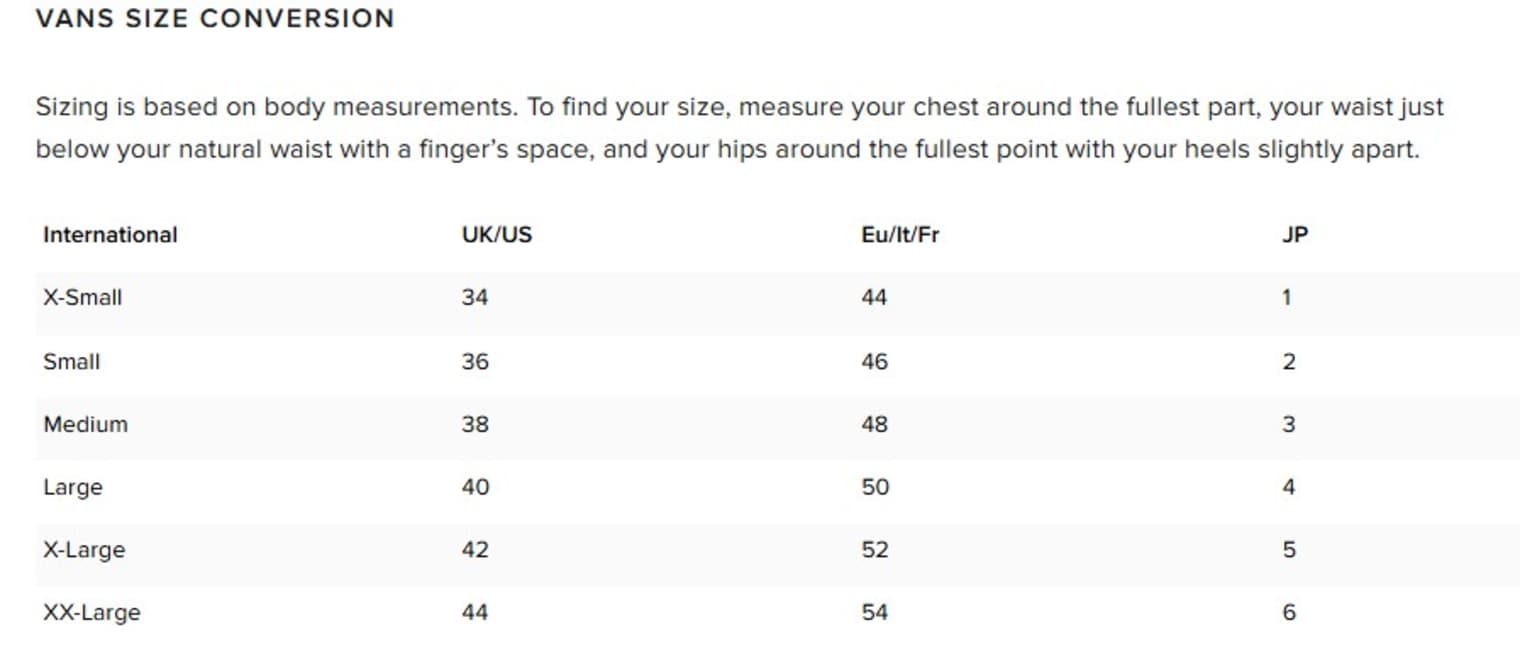 size conversion chart for Vans clothing