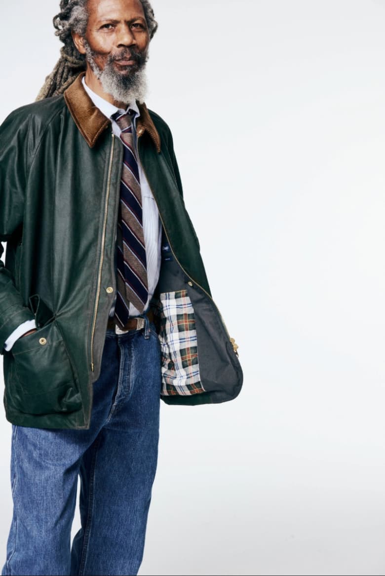 A model wears Drake's Coverall Waxed Jacket
