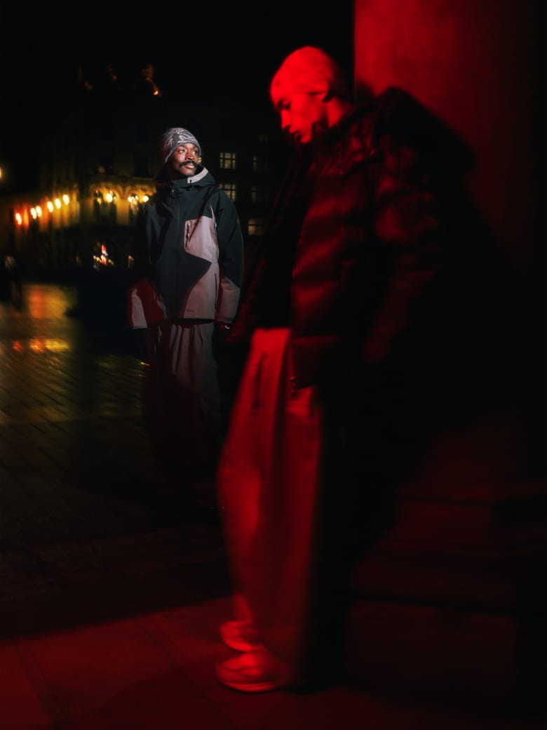 Two men wearing Mellow Clo jacket, Ranra jumper, Anglan trousers and Paraboot shoes.
