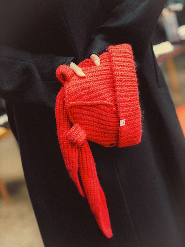 Charles Jeffrey Mohair Chunky Rabbit Beanie in the colour red.