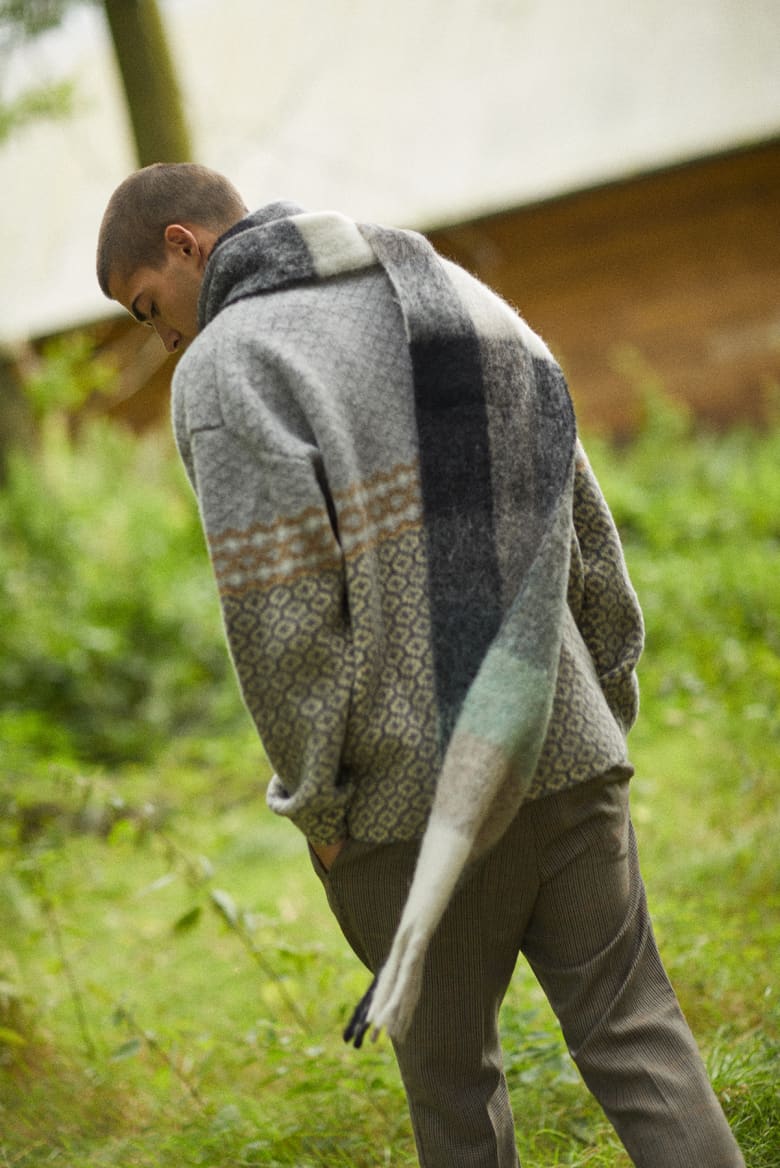 END. AW19 Required Item: Graphic Knitwear - model wears Acne Studios and Jil Sander for END.