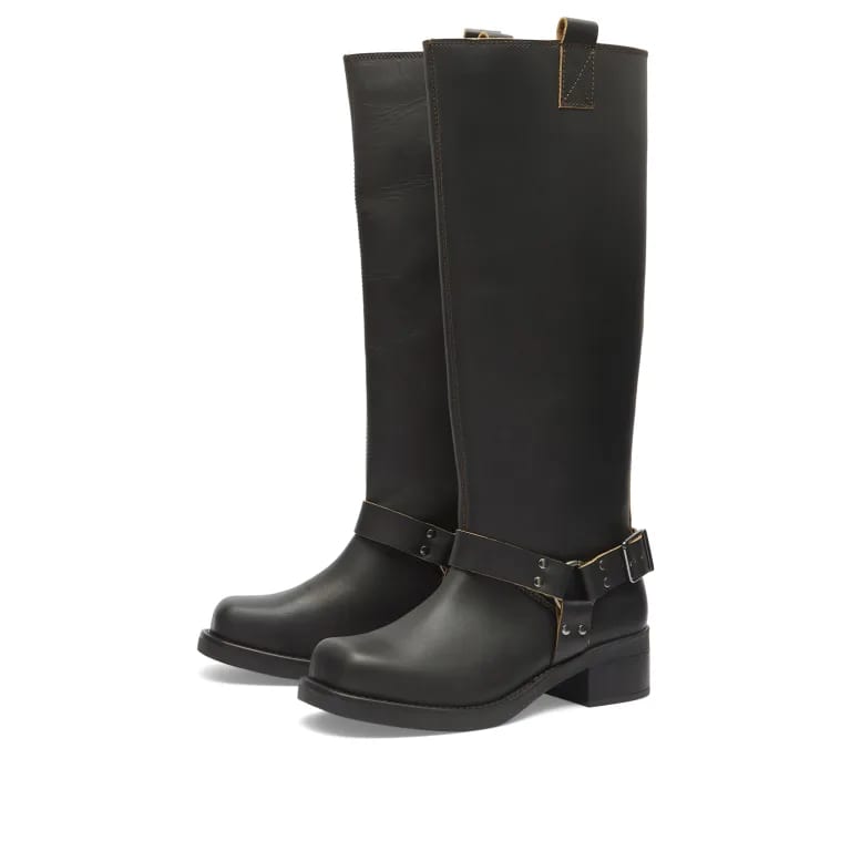 A black pair of Samsøe Samsøe Sabrenta Knee High Buckled Boots