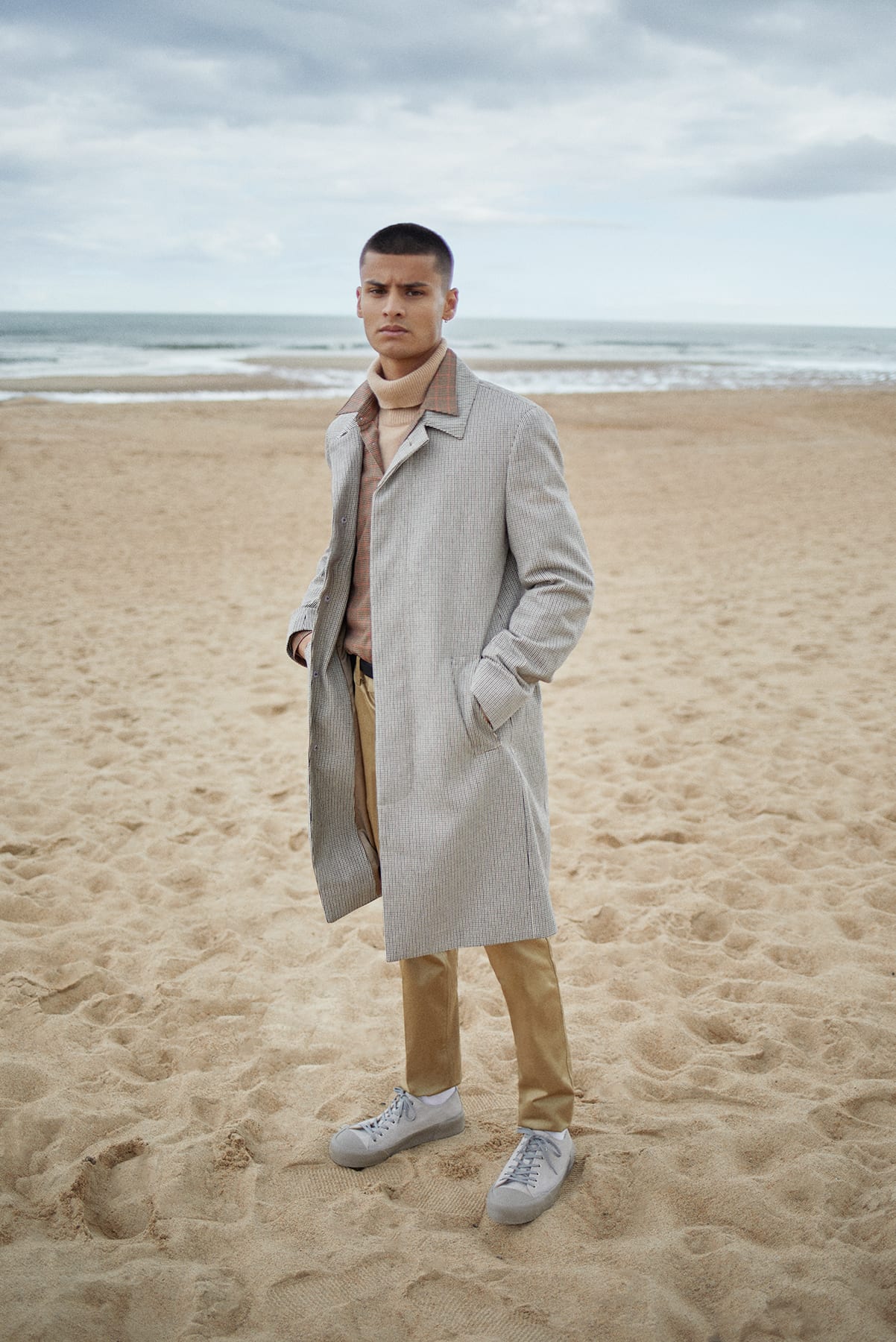 Harmony coat worn for Bare Minimum END. editorial at the beach