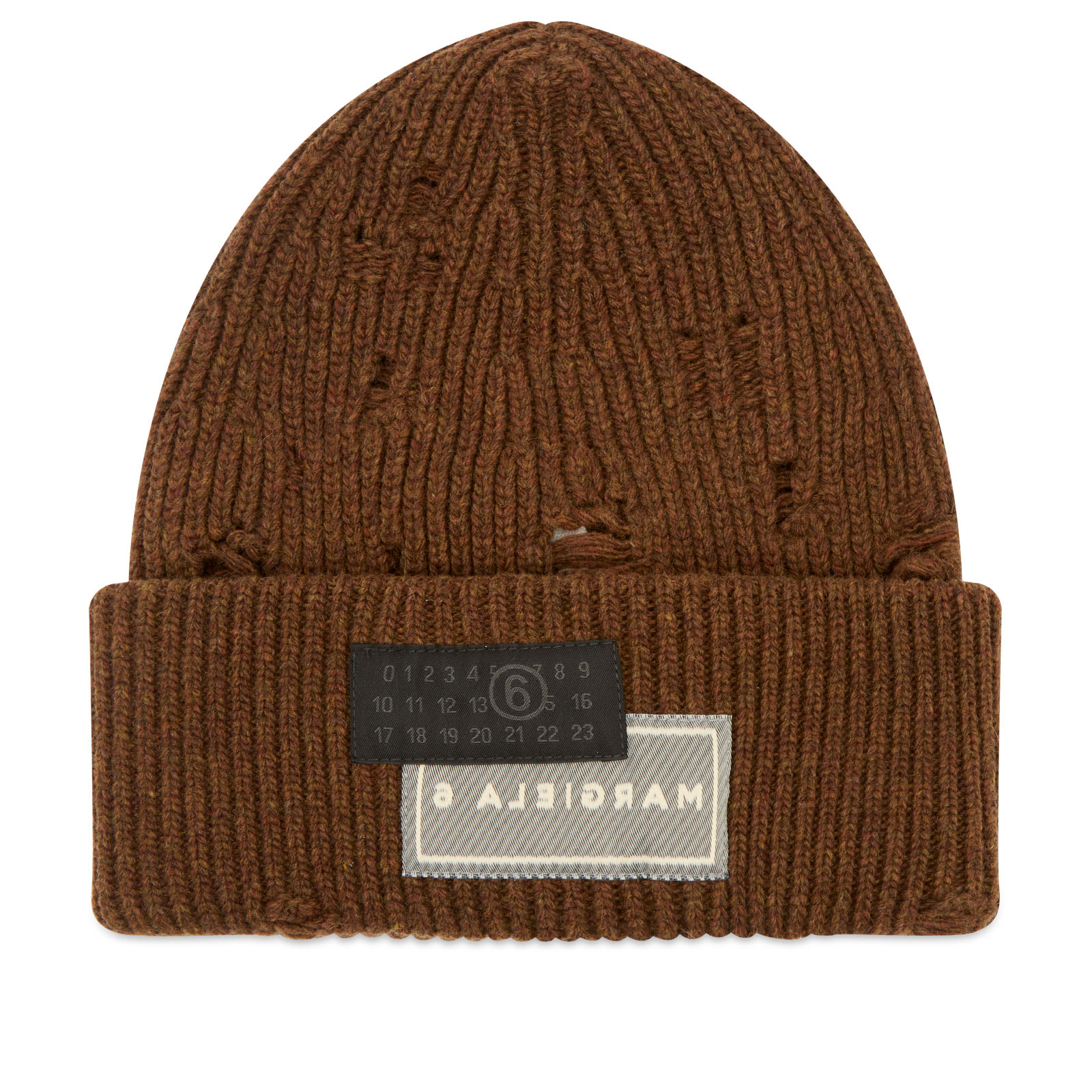 MM6 Maison Margiela Men's Ribbed Distressed Beanie in Brown Melange, Size Medium