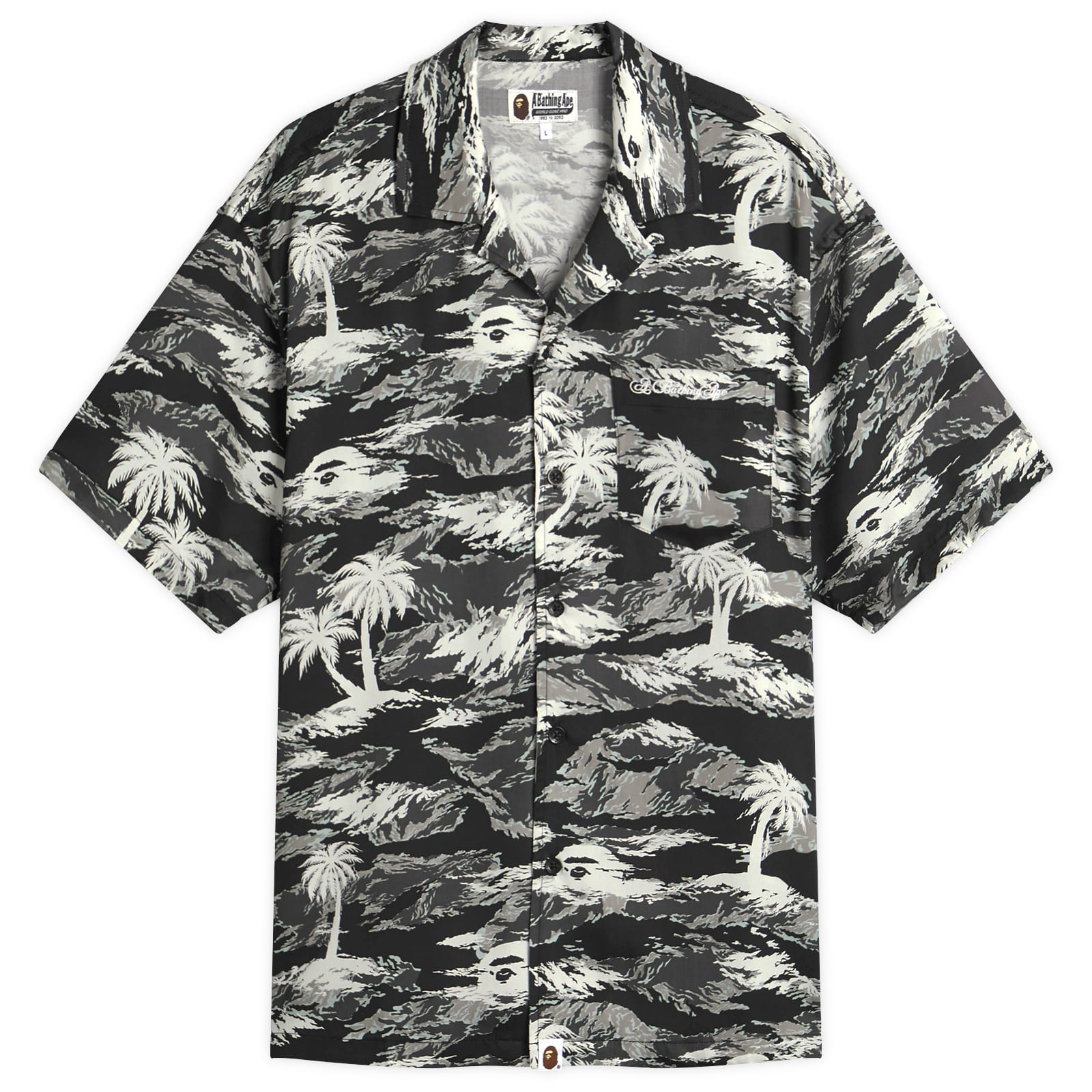 A Bathing Ape Men's Black Palm Tree Camo Open Collar Pocket Ss Shirt