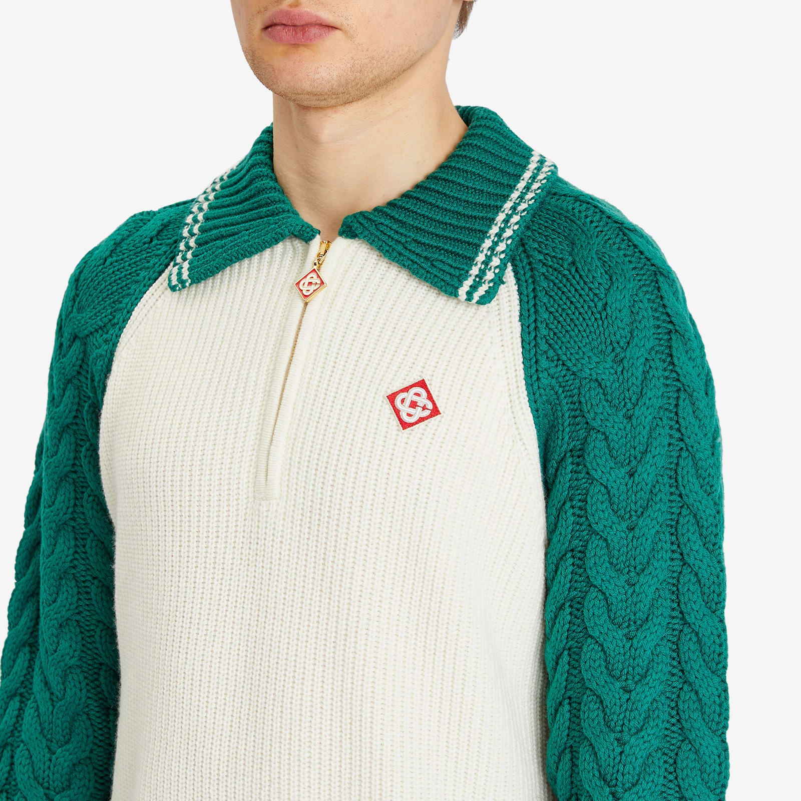 Casablanca Men's Cable Knit Zip Up Green / White | MPS25-KW-820-01