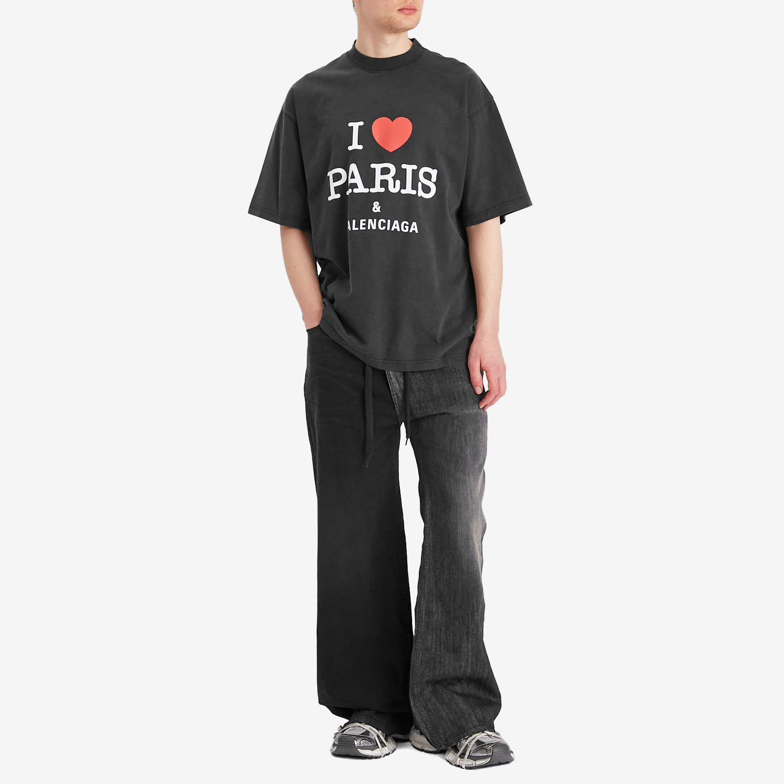 Balenciaga Men's I Heart Paris Medium Fit Faded Wash T-Shirt Faded