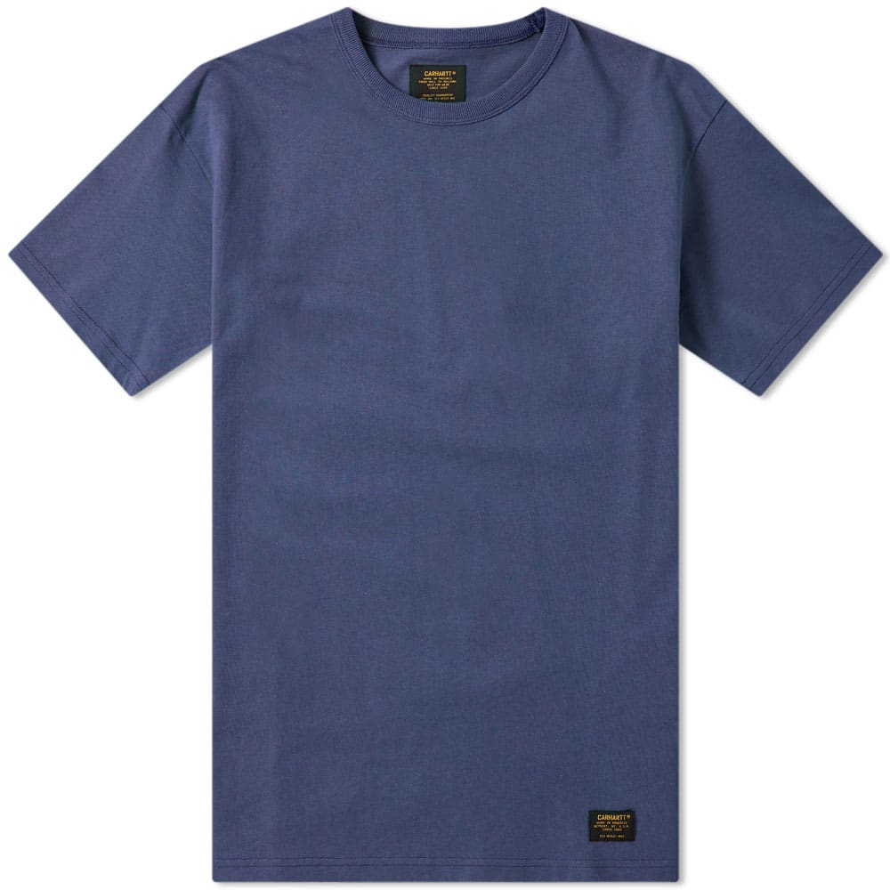 Refined for daily life, the Carhartt WIP Military tee is crafted from a cosy cotton jersey fabric, weighing in at 230 g/sqm. Solidly shaded in navy-blue, the short-sleeved frame is rounded out with a chunky ribbed crewneck, featuring the label’s military credentials proudly positioned at the hemline.

100% Cotton
Ribbed Crewneck 
Woven Brand Patch