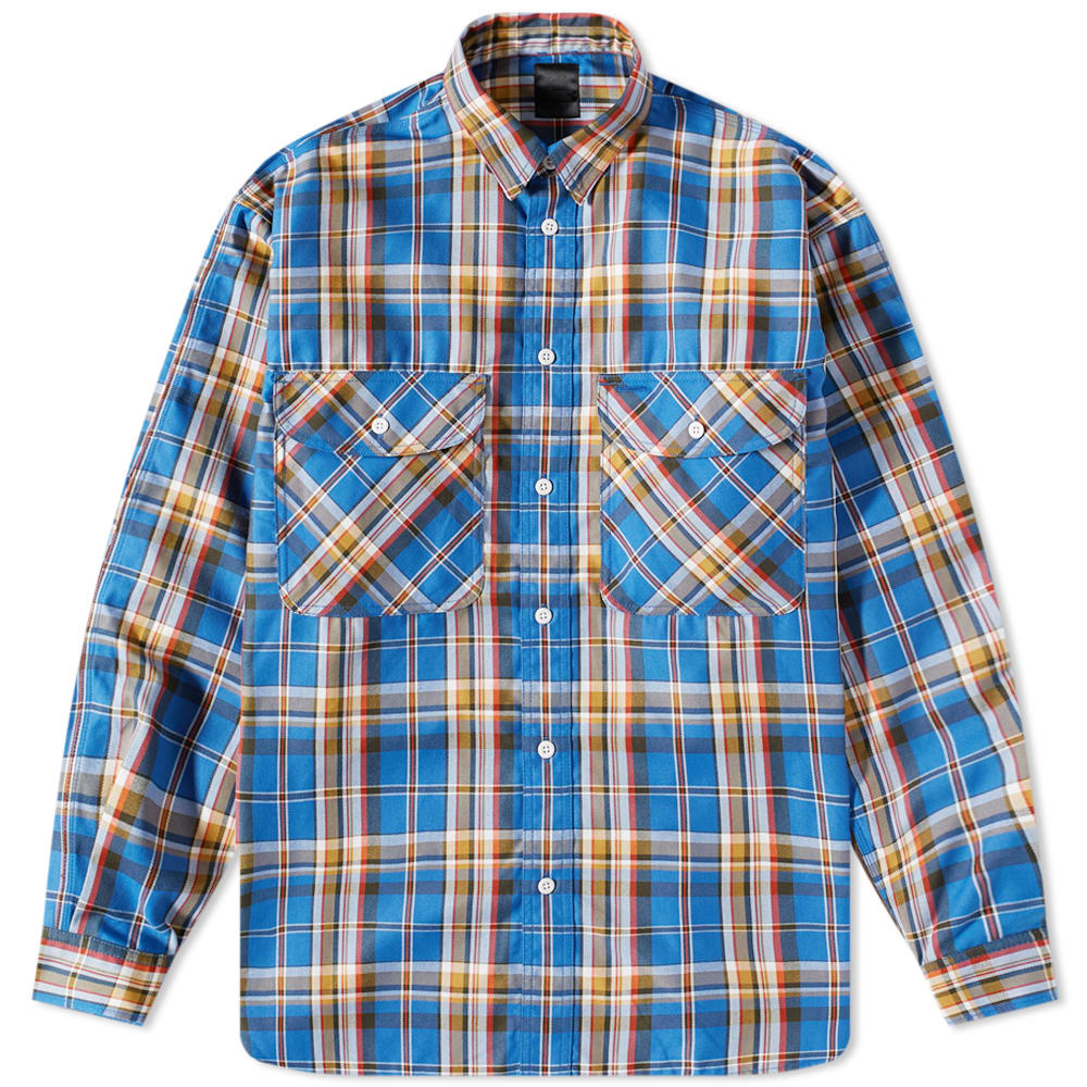 DAIWA Tech Elbow Patch Work Shirt Blue Check END.