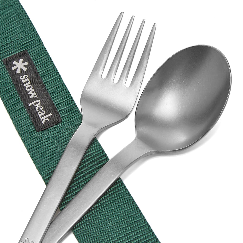 Snow Peak Titanium Fork & Spoon Set Silver & Green END. (KR)