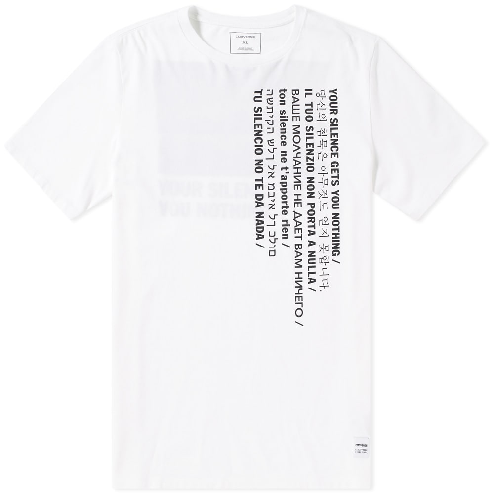 A limited capsule collection from sneaker store Slam Jam who join Converse and Los Angeles based artist, Cali Thornhill Dewitt. This urban utility collection is the debut of the “Your Silence Gets You Nothing” collection, encouraging the youth of today to engage with the world around them in a call for peace, unity and action. This classic converse silhouette hosts a statement typographic print to its chest and bold graphic print at the reverse. The piece is detailed with a knit ribbed neck, cuffs and hem which sees converse patchwork sat above.

100% Cotton
Crewneck
Artist Collaboration
Typographic Print to Chest
Bold Graphic Print to Reverse
Ribbed Knit Neck, Cuffs & Hem
Converse Patchwork at Hem