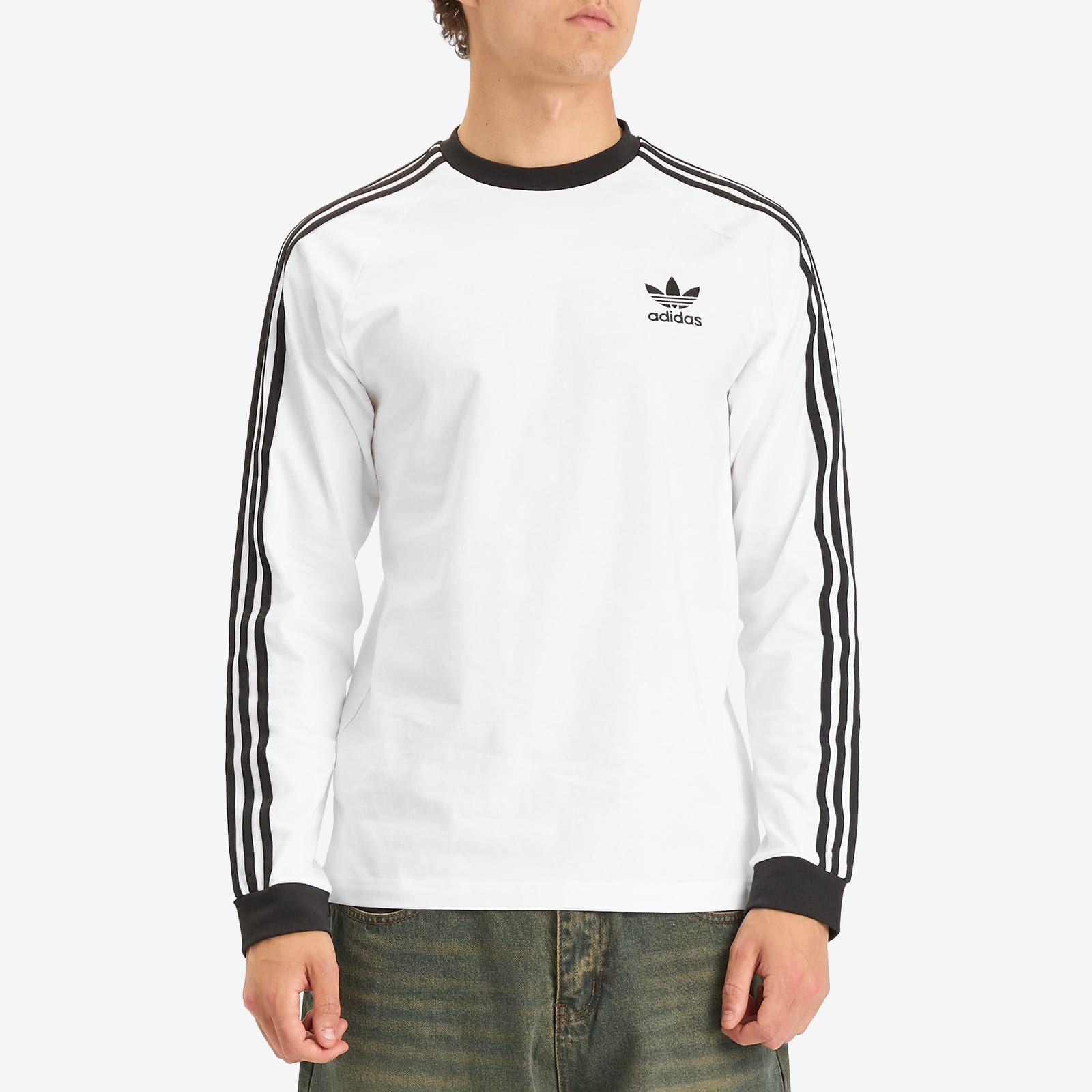 ★★Adairs★★ 3S Long Sleeve Tee White IA4879 Adidas Men's Long Sleeve 3 Stripe T-Shirt White - Curated