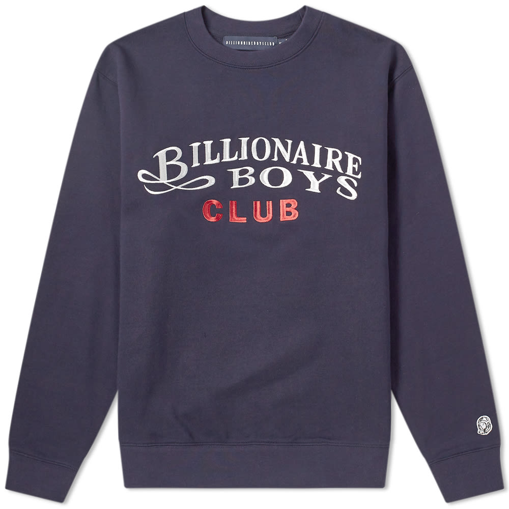 Realised in a deep navy colourway, this collegiate-inspired crew sweat from Billionaire Boys Club takes us back to the dorms. Trimmed with ribbed knit, the cotton construction is embroidered with curved branding across the chest in a contrasting red and white design, while the astronaut motif on the reverse is a playful addition to the casual sweat.

100% Cotton
Loopback Jersey
Embroidered Branding
Astronaut Appliqué
Ribbed Crewneck, Cuffs & Hem