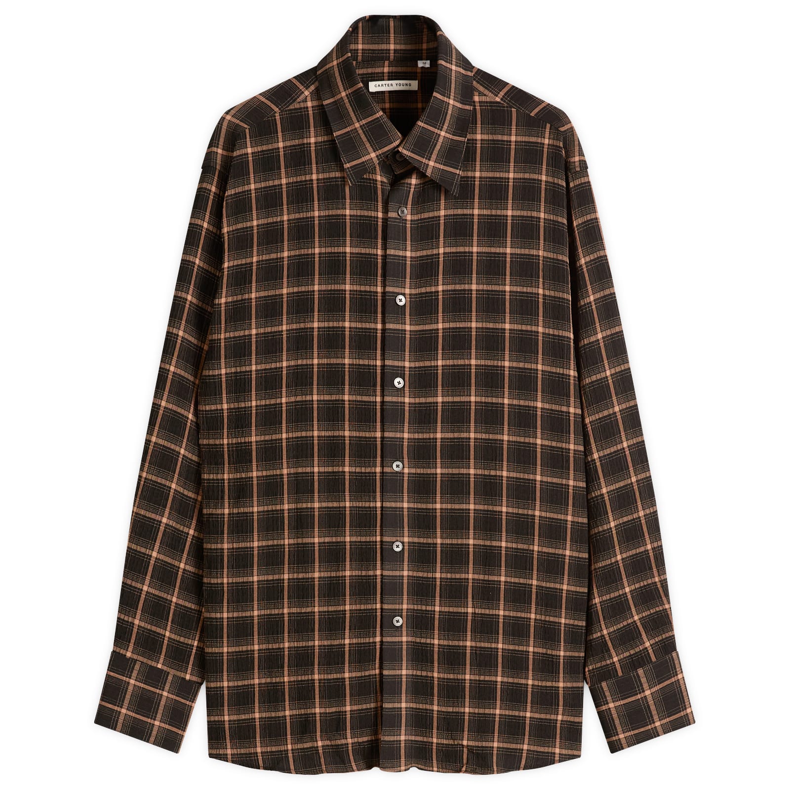 CARTER YOUNG — Men's Plaid Business Shirt in Brown Check, Size Small