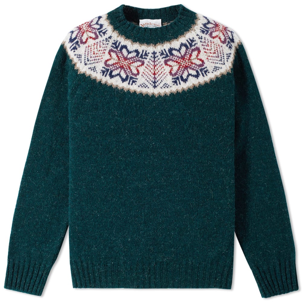 Jamieson's of Shetland Fair Isle Yoke Crew Green | END.