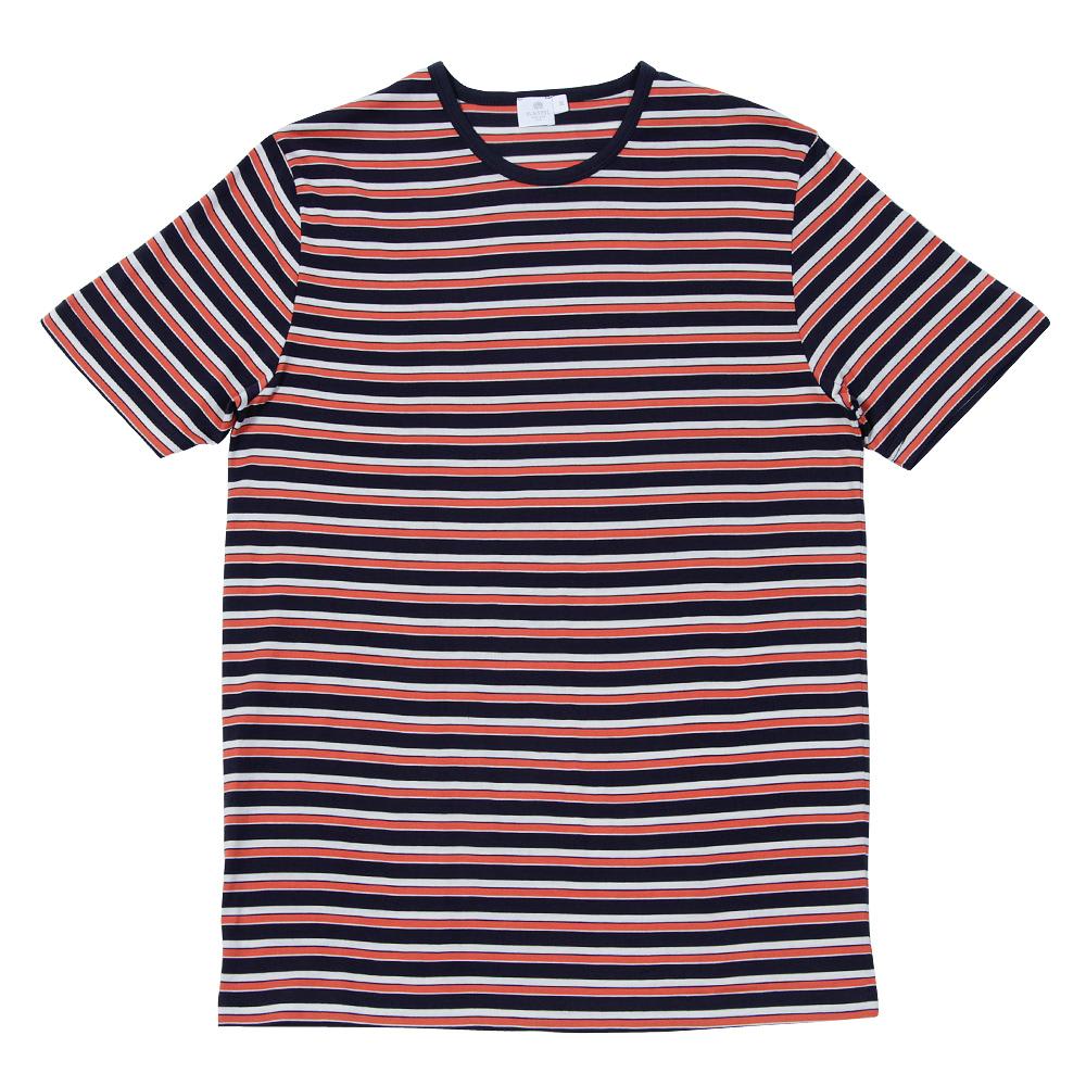 Sunspel Henley Stripe Crew Neck Tee (Navy, Irish Cream and Cherry)