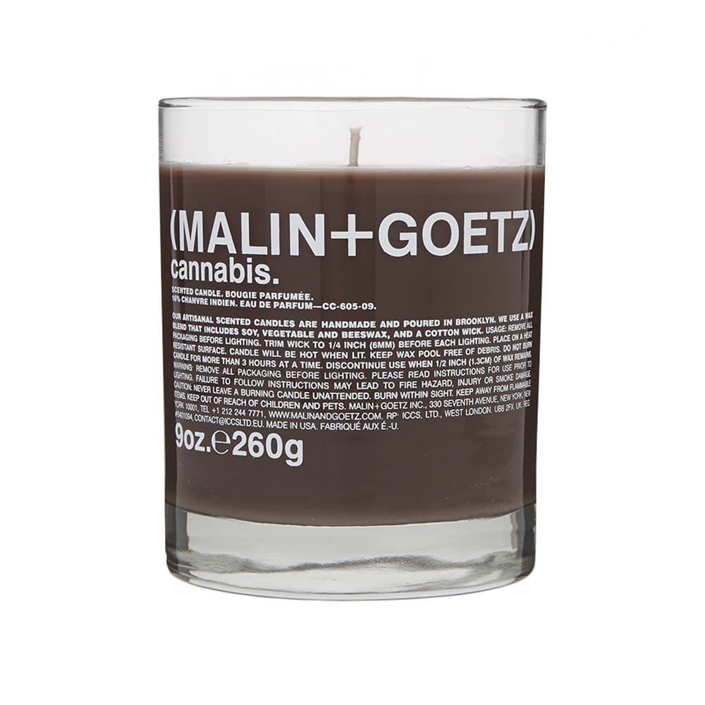 A candle to light up any room with its spicy, herbaceous scent; the MALIN+GOETZ cannabis candle burns beautifully on its own, as well as creating a calming atmosphere when paired with the their neroli scent. A customer favourite for its fresh citrus top notes and oaky base notes, fill the space around you with the long-lasting aroma. The natural wax blend provides a clean burn, allowing you to reuse the jars as you wish.

260g 
Top Notes: Fresh Lemon & Orange 
Mid Notes: Fig & Pepper 
Base Notes: Oakmoss, Sandalwood & Amber-Patchouli 
60 Hour Burn Time
Handmade in Brooklyn 
Also Available in Travel Size