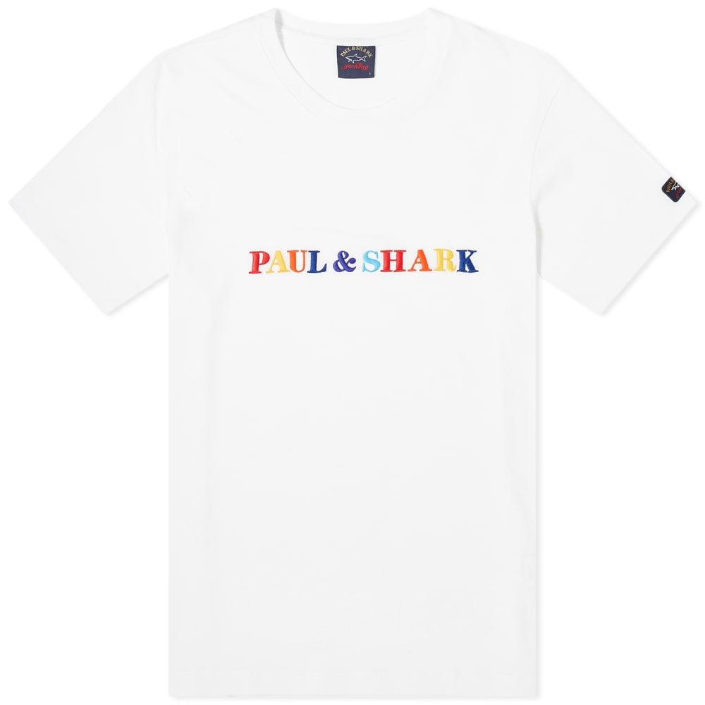 Putting a colourful twist on the classic white tee, Paul & Shark offer this short sleeve style. Cut from an all-white cotton jersey, it is decorated across the chest with multi-coloured lettering, whilst a woven brand patch to the sleeve subtly signs off the style. 

100% Cotton
Ribbed Crewneck
Embroidered Branding
Woven Brand Patch