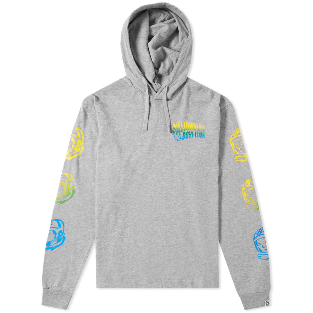 Masters of producing graphically balanced pieces, Japanese brand Billionaire Boys Club continue to create wearable pieces season after season. Launched by US musician Pharrell Williams and Japanese designer Nigo, this is a brand that thrives on bold and bright motifs.
This pure cotton Long Sleeve Hooded Tee proudly showcases rainbow hued Helmet Head logos to its sleeves and a colourful logo print to its chest. This street ready style is finished with a drawstring adjustable hood and ribbed detailing to the cuffs. 

100% Cotton
Drawstring Adjustable Hood
Ribbed Cuffs
Branded Patch to the Cuff
Helmet Head Logos to the Sleeves