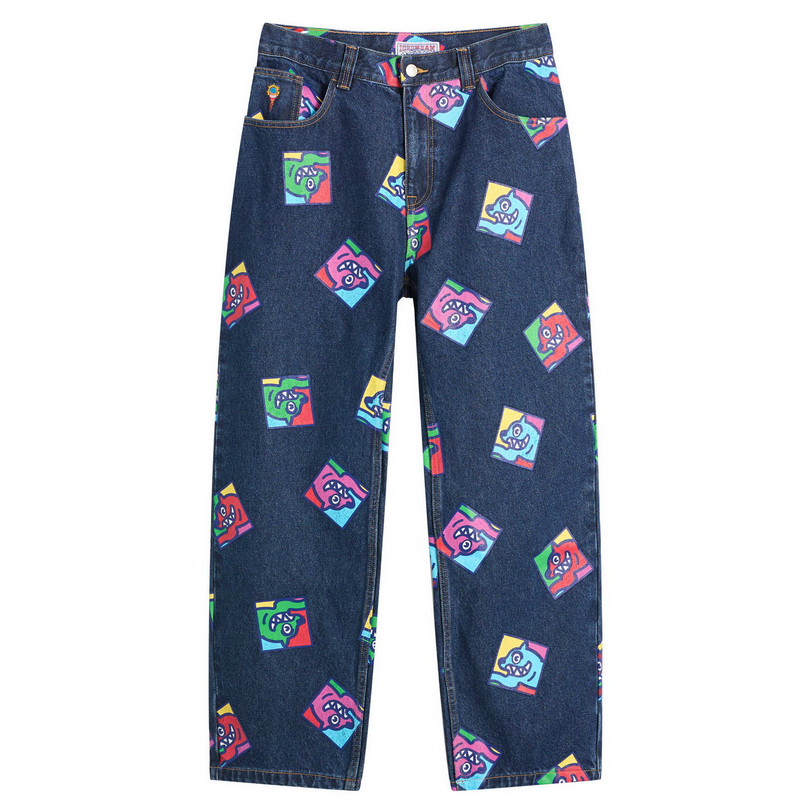 Ice Cream — ICECREAM Men's Running Dog Tile Loose Straight Jeans in Indigo, Size 34"