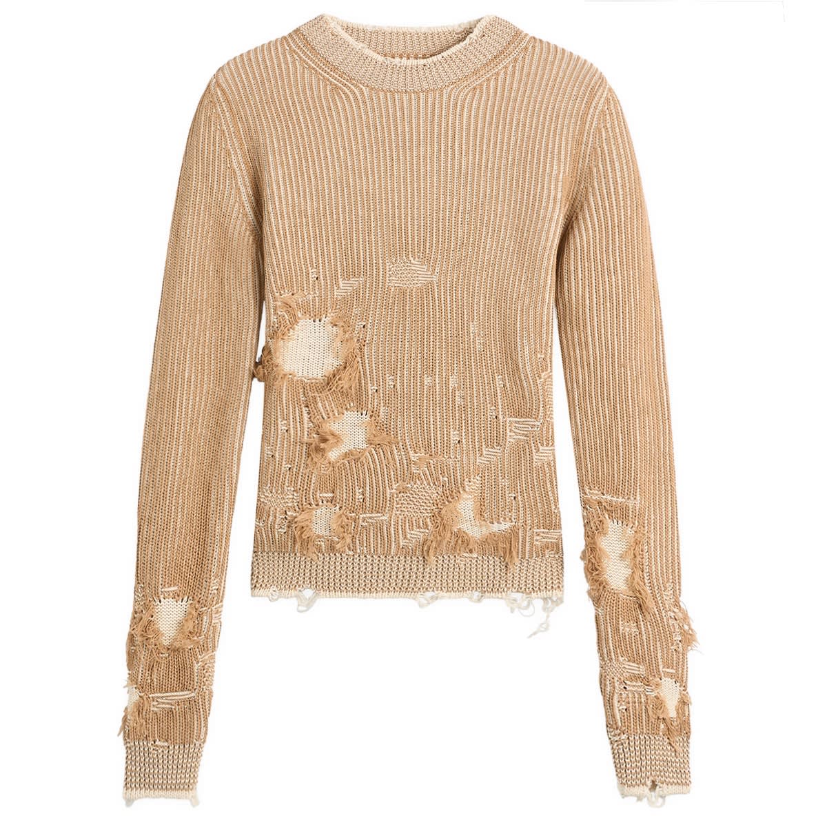 MM6 Maison Margiela Women's Shredded Knit Jumper in Camel/Chalk, Size Small
