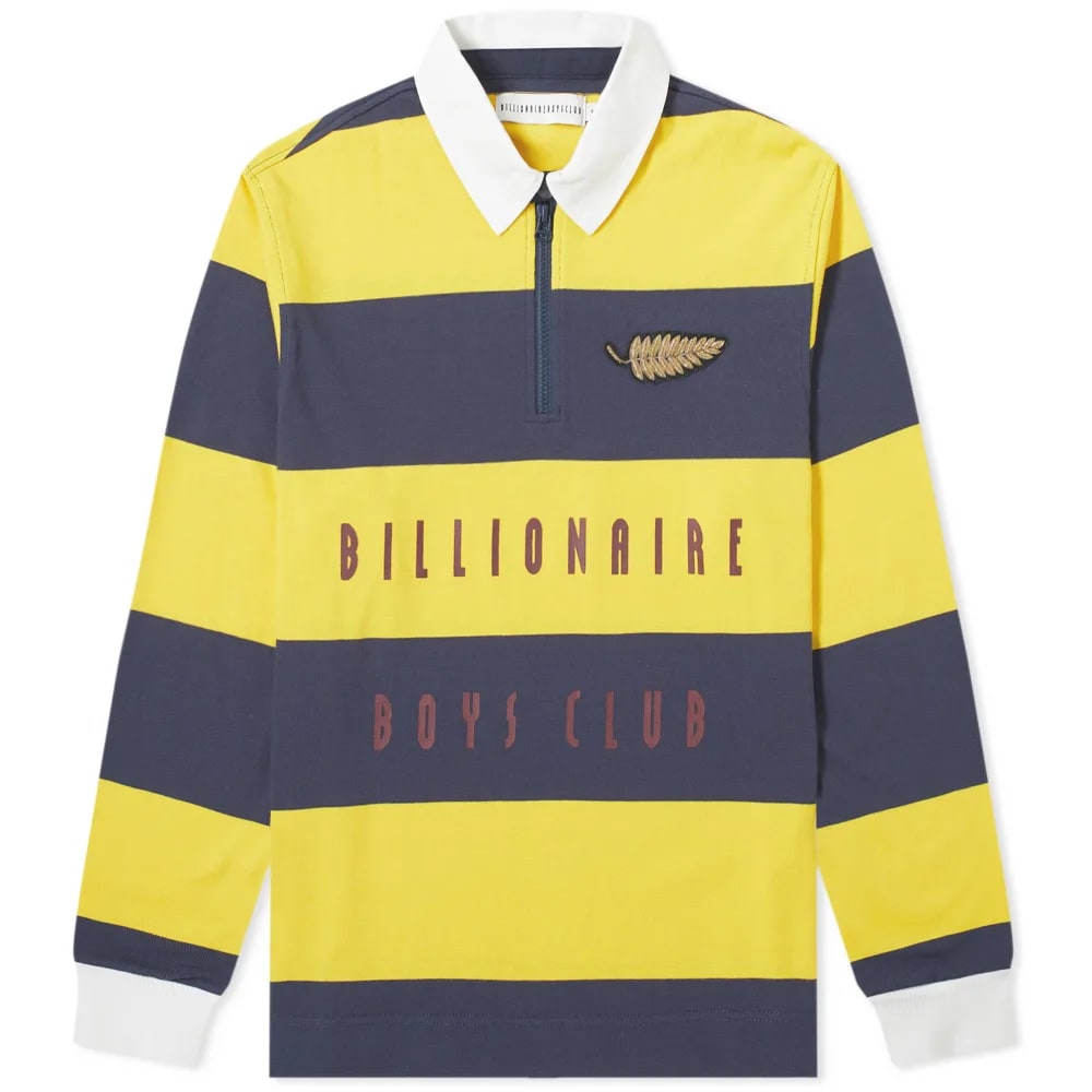 Collegiate to its core, Billionaire Boys Club’s striped rugby shirt is a sporty piece that’s ready to take on the street style scene this season. Accented with gilded fern detailing at its chest, the pure cotton pullover will put BBC branding at the forefront of any outfit and its contrasting twill collar is teamed smartly with a branded throat tab and quarter length zipper. 
 
100% Cotton 
Contrast Collar 
Throat Tab
¼ Zip Closure 
Fern Appliqué 
Printed Branding 
Ribbed Cuffs