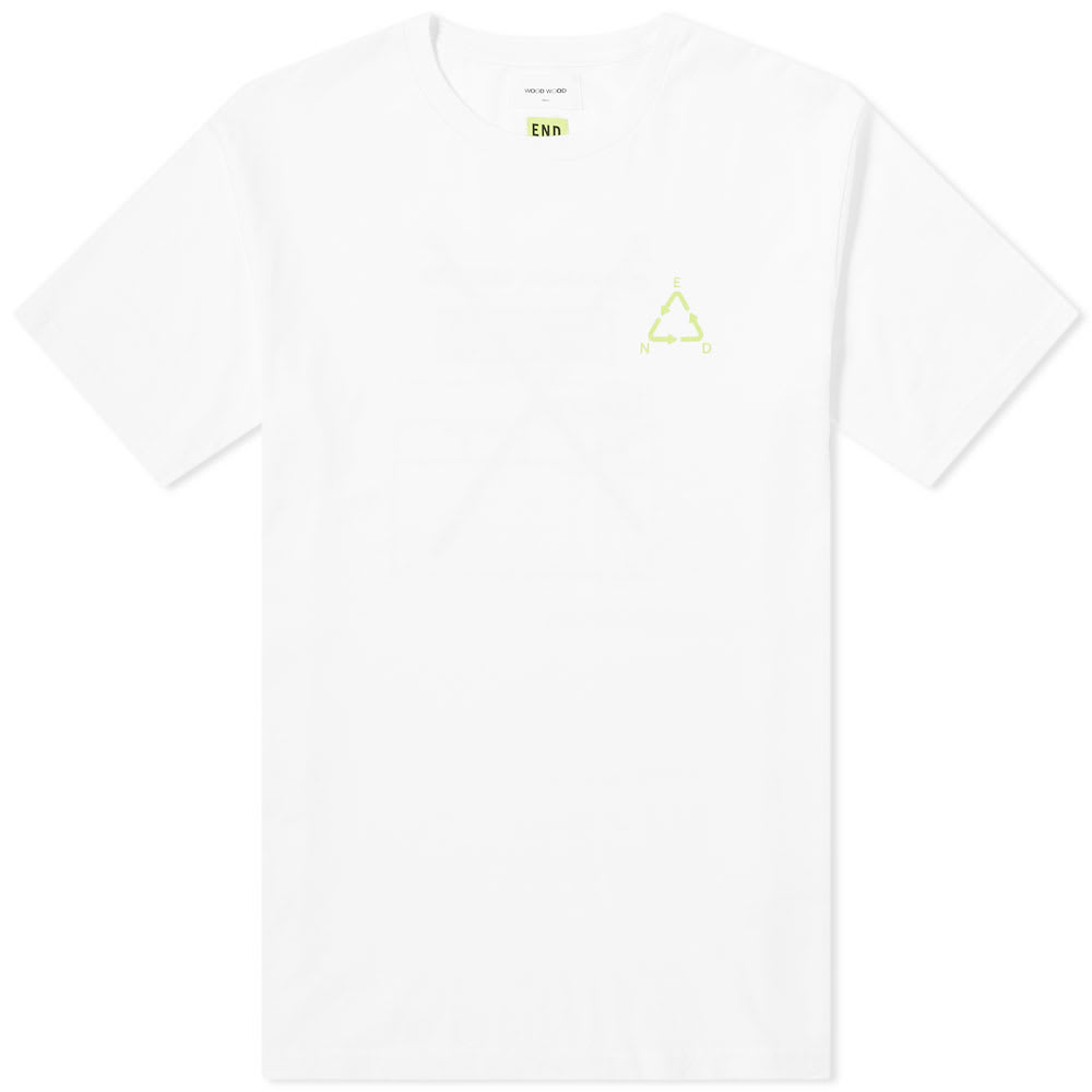 After the success of their last Double A capsule, END. and Wood Wood come together once again, this time presenting a collection inspired by the distinctive aesthetic values of parcel packaging, shipping labels and caution notices. Brimming with the Danish label’s street-ready cool, this white tee effortlessly carries the theme; housing industrial-themed bright green graphics on its pure cotton base. Wearing a reimagined END. logo, forming the infamous recycling emblem, to the chest, an enlarged shipping label is crossed out to the reverse, and a high-vis woven tab serves as a reminder of the British retailer’s identity throughout transit. Rounding off the aesthetic, the t-shirt comes packaged in a bespoke pouch made from 100% recycled paper and is secured with the capsule’s signature shipping tape.100% CottonRibbed CrewneckPrinted BrandingWoven Brand Tab