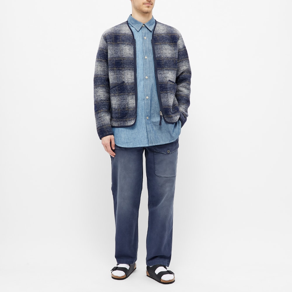 universal works cardigan in navy wool fleece