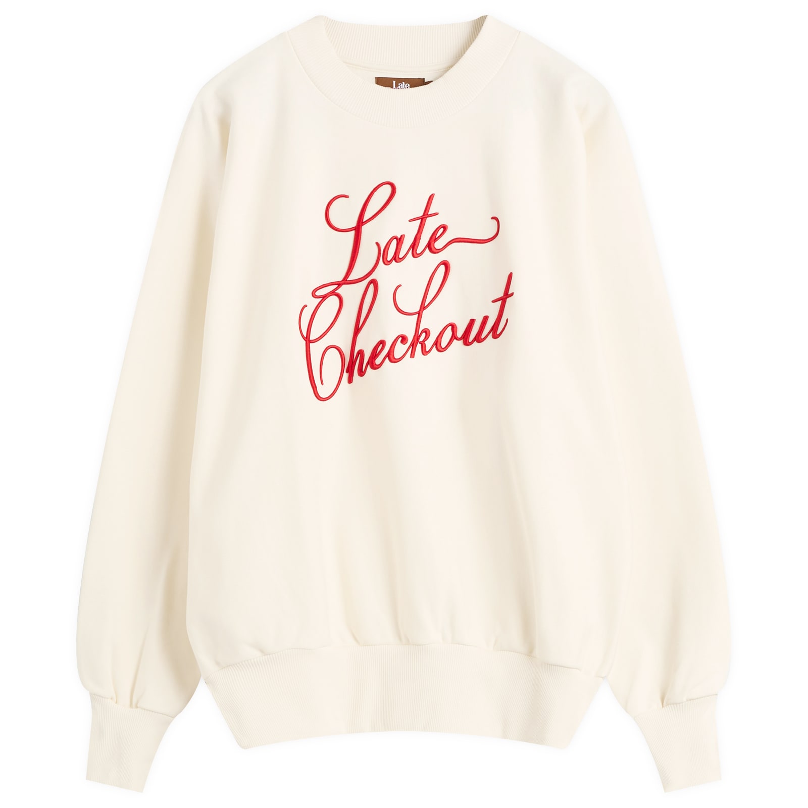 Late Checkout Men’s White/Red Script Crewneck Sweatshirt