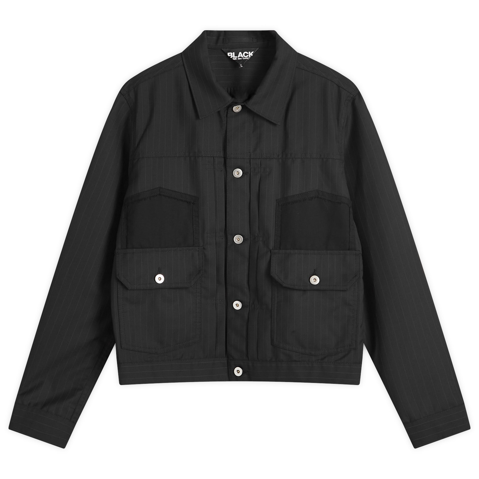 大人気【COMME des GARCONS】Black Pinstripe Trucker Jacket Comme des Garçons Black Pinstripe Trucker Jacket Black