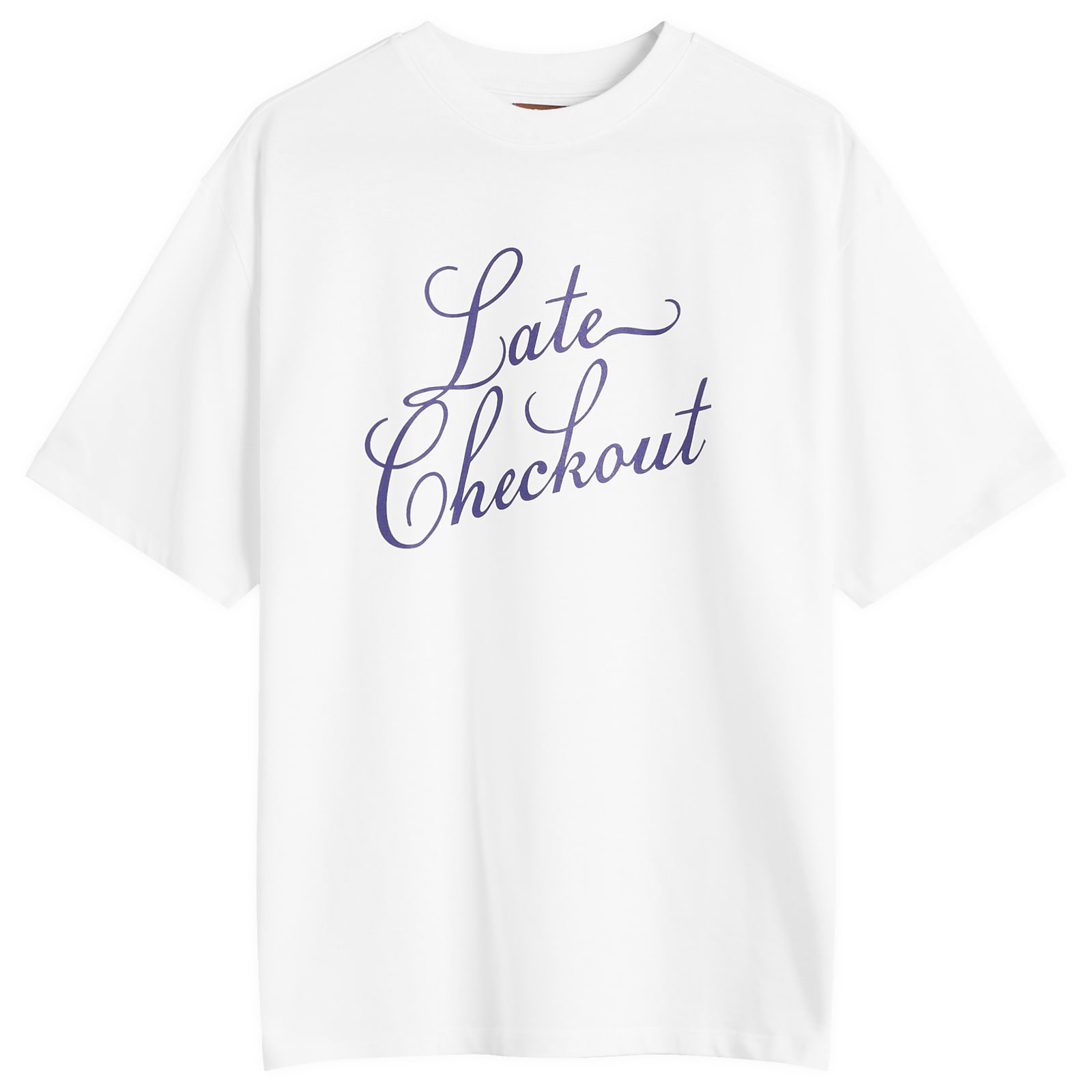Late Checkout Men’s White Blue Script Tee
