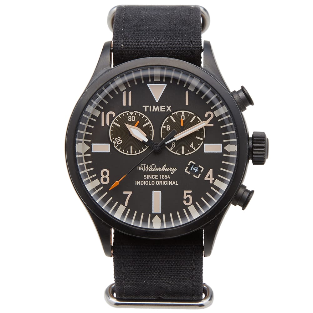 As long as there have been wrist watches, there has been the world-renowned Timex. The name has been synonymous with the finest timepieces. The Waterbury Chronograph is based on a historic design from the Timex archive, recreated to celebrate the 160 years since the brand’s inception. Styled with a reversible woven strap with a leather base and solid steel case, the design is kept clean and uncomplicated with a Quartz movement.

Reversible Woven Strap
Leather Reverse
Indiglo® Night-Light
Water Resistant up to 50m
Quick Date Feature
Partial Arabic Dial
Quartz Analog Movement