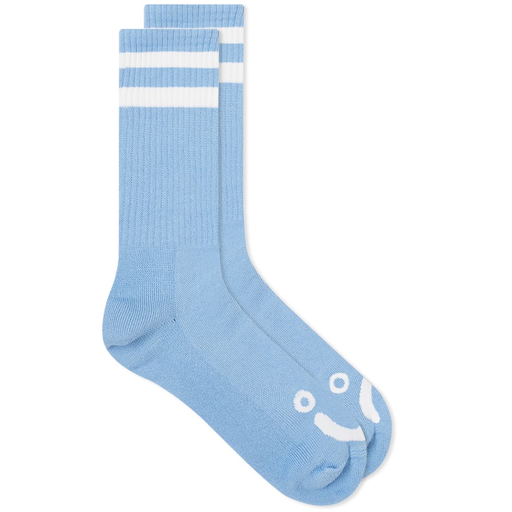 Echoing their playful nature, the ‘Happy Sad’ socks from Polar Skate Co. promise a cosy and snug fit whatever your mood. Cut from an ultra-soft cotton blend, this light blue pair boast ribbed knit to the cuffs for a snug fit, whilst two opposing smiley faces decorate the toes for a youthful touch. 
 
85% Cotton, 10% Polyester, 5% Spandex 
Ribbed Cuffs 
Engineered Branding