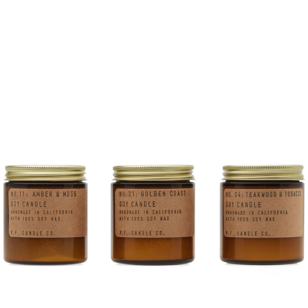 P.F. Candle Co. presents its essentials: a stunning trio of scents that will take your senses on a trip through the brand's native California. Distilling the Golden State's rich essence, the three candles presented in this travel-size pack explore its forests, mountains and ocean coast through smell. Each one is hand poured in Los Angeles and offered in a beautiful apothecary-style jar.



3-Pack
100% Natural Soy Wax
20-25 Hours Burn Time Each
3.5oz Teakwood & Tobacco Candle
3.5oz Amber & Moss Candle
3.5oz Golden Coast Candle
Handmade in California