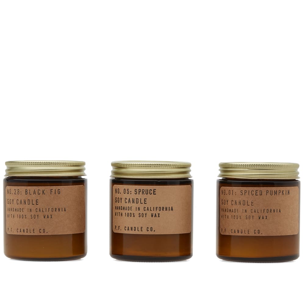 A set of three refreshing autumnal scents, unleash P.F. Candle Co. into your home with the seasonal classics pack. Warming up the room with a rich cinnamon fragrance, light Spiced Pumpkin for a true taste of fall, while Spruce invigorates with an uplifting hit of blue spruce and cedar. Finishing the trio is the aroma of Black Fig. A scent to bring the other two together, Black Fig combines evergreen top notes with earthy undertones for a fragrance that delivers pure autumnal bliss in a jar.

Natural Soy Wax
Phthalate-Free Fragrance Oil
20-25 Hours Burn Time Each
3.5oz Spiced Pumpkin Candle
3.5oz Spruce Candle
3.5oz Black Fig Candle
Handmade in California