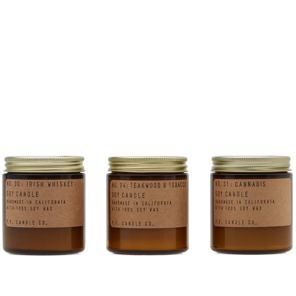 Discover your vice with this trio of mini P.F. Candle Co. soy candles straight from California. Leading with three heady scents, the mini set comes complete with the label’s Teakwood and Tobacco, Irish Whiskey and Cannabis candles; transforming your home into your own vintage speakeasy – a place dipped in musk, with notes of uplifting citrus making their way to the forefront.

Natural Soy Wax
Phthalate-Free Fragrance Oil
20-25 Hours Burn Time Each
3.5oz Teakwood & Tobacco Candle
3.5oz Irish Whiskey Candle
3.5oz Cannabis Candle
Handmade in California