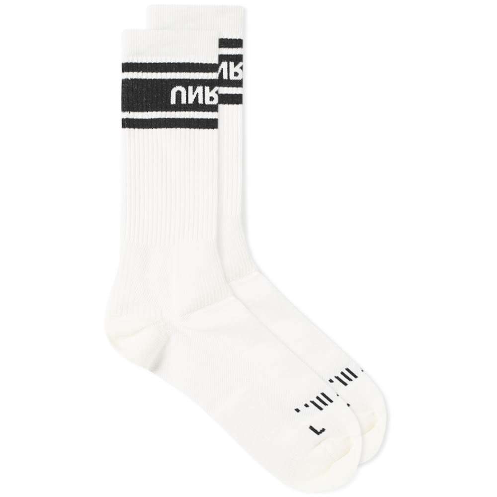 Sportswear to champion the streets, Unravel Project deliver these socks with an athletic striped construction. Teaming a stretch knit with a black and white design, this set are the perfect pairing to your skate attire; prepared to perform with a ribbed silhouette that’s equally breathable and comforting. Wrapped around the cuffs with their signature stripes, the classic socks are rounded off in style with Unravel branding engineered throughout.

Cotton Blend
Ribbed Knit
Striped Cuffs
Engineered Branding