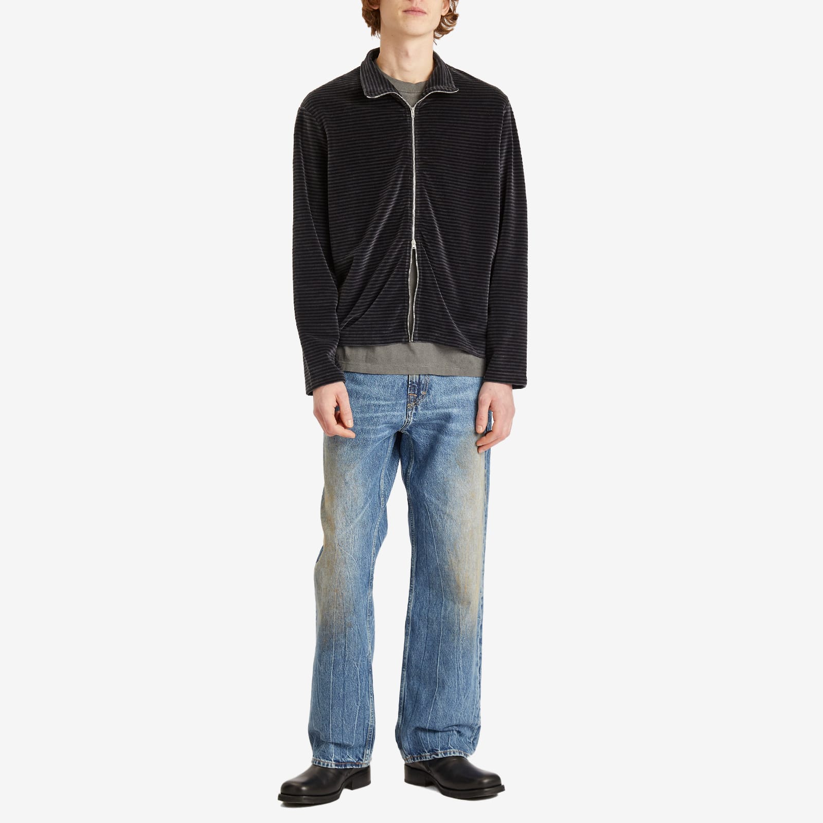 Our Legacy Men's Shrunken Fullzip Polo Phantom Stripe Velour