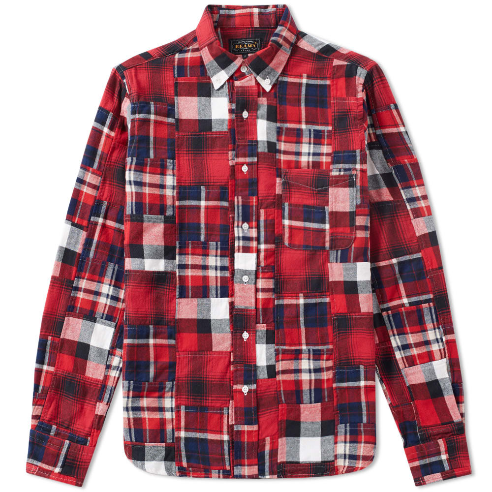 Beams Plus Button Down Patchwork Check Shirt Red | END. (US)