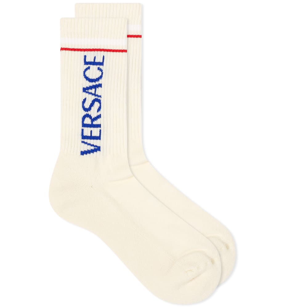 Versace Logo Sport Sock Ecru, Blue & Red END.