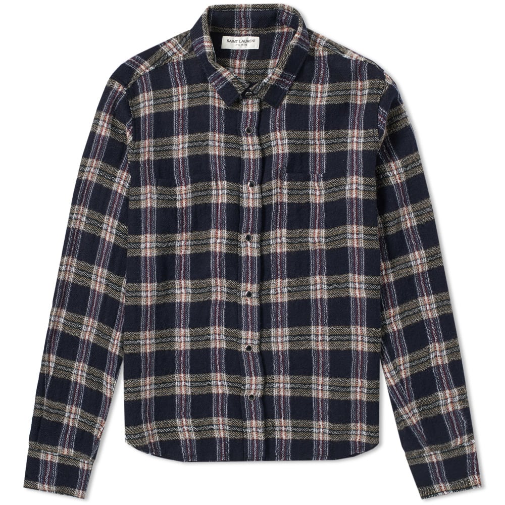 Saint Laurent Heavy Flannel Check Shirt Navy & Beige | END.