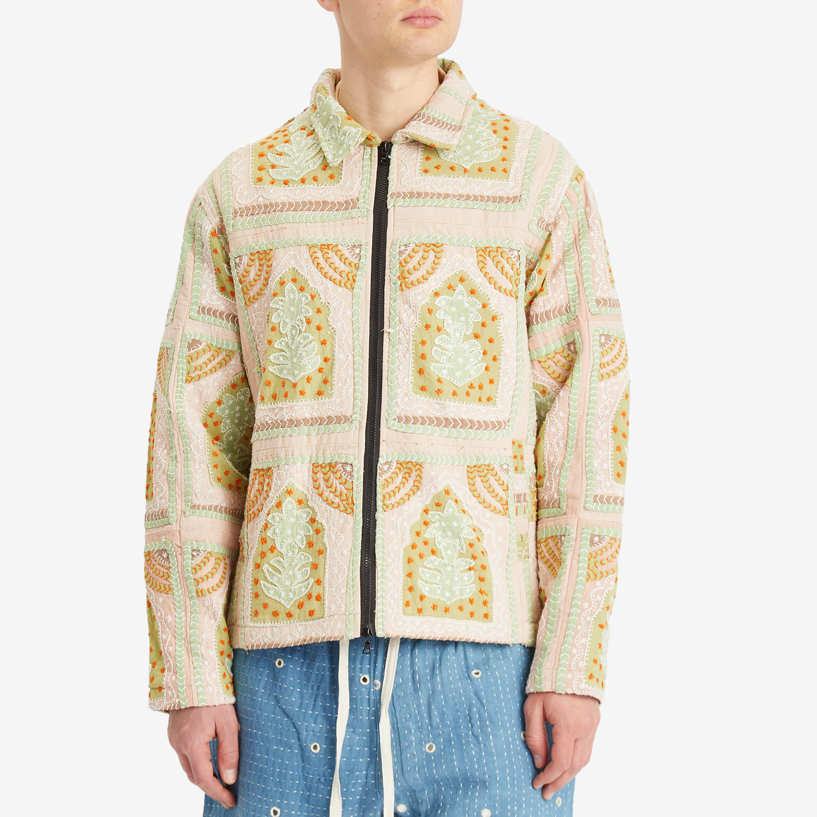 Kartik Research Men's Patchwork Embroidered Zip Jacket Ecru/Green