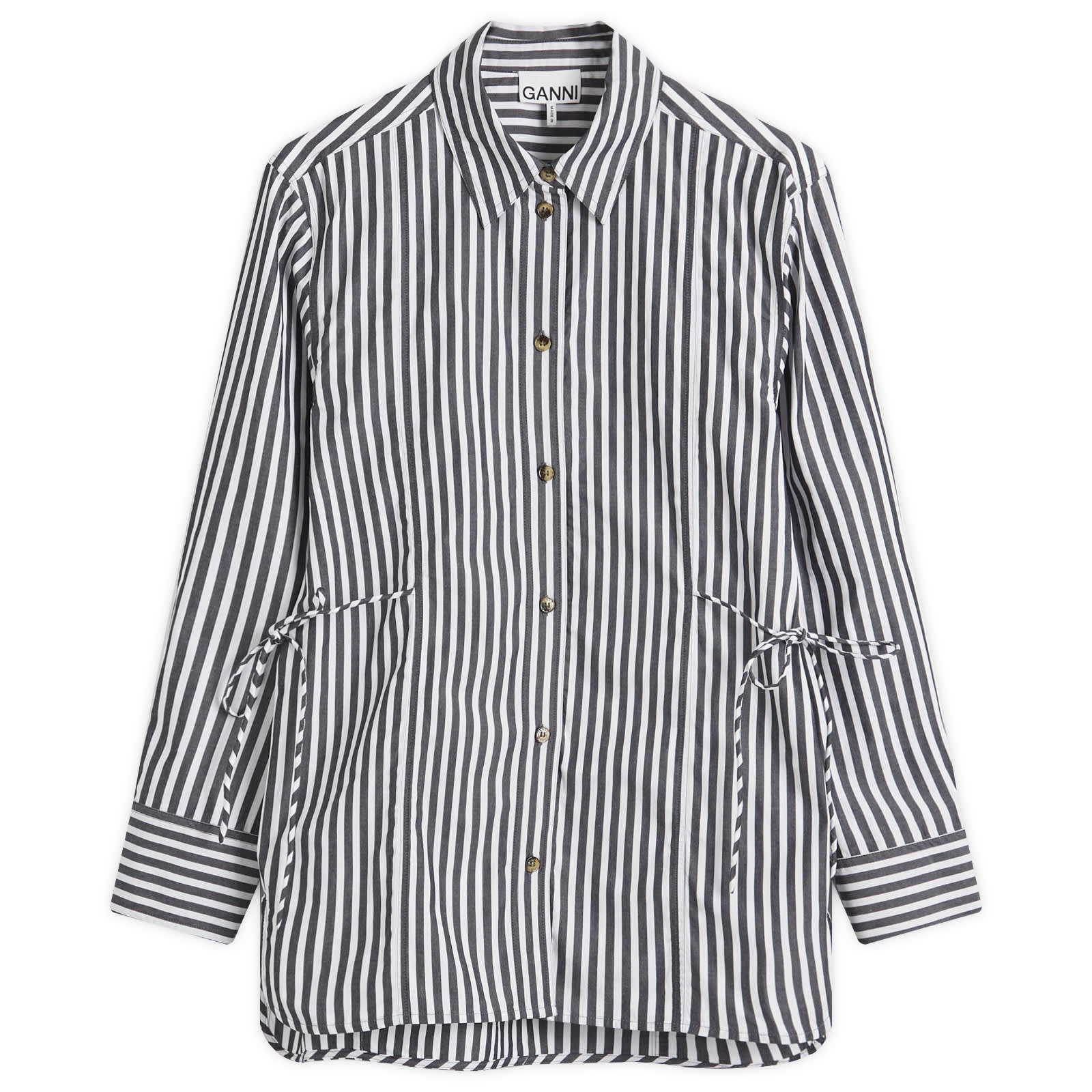 GANNI Stripe Cotton Tie String Shirt Black | END. (SG)