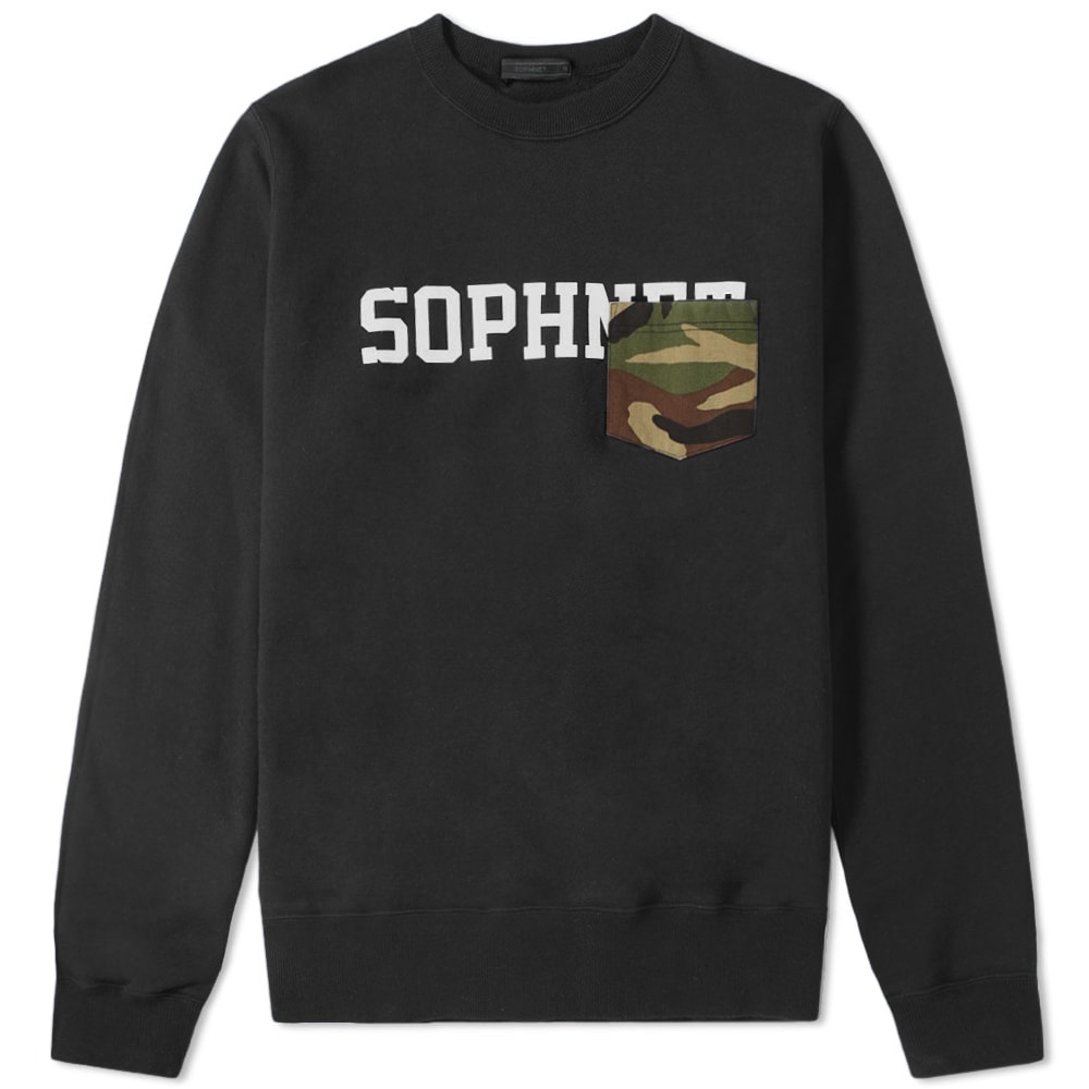 Produced by the hand of superior Japanese workmanship, the pocket crew sweat from Hirofumi Kiyonaga’s label SOPHNET. is a quality-approved pullover in every sense. Executed in the softest of cotton, the all-black design is printed at its chest with the brand’s moniker, married alongside a camo-imbued patch pocket to one side. To the cuff, the label’s iconic scorpion logo resides with pride, while ribbed trimmings ensure this piece is as snug as it is cool.

100% Cotton
Fleeceback Jersey
Printed Branding
Scorpion Embroidery
Patch Pocket
Ribbed Crewneck, Cuffs & Hem
Made in Japan