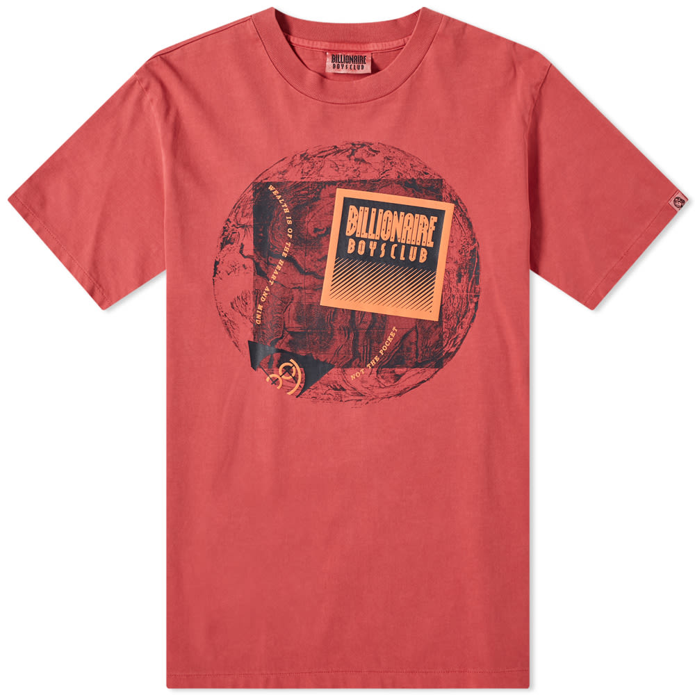 Pigment dyed to achieve its rich red colouring, this short sleeve tee from Billionaire Boys Club takes us on a worldwide exploration. Stamped with an outline of the world to the chest, the vibrant basic is complete with "Wealth is of the heart and mind, not the pocket" – a nod to the mantra of BBC founders, Pharrell and Nigo. 

100% Cotton
Pigment Dyed
Ribbed Crewneck
Printed Branding