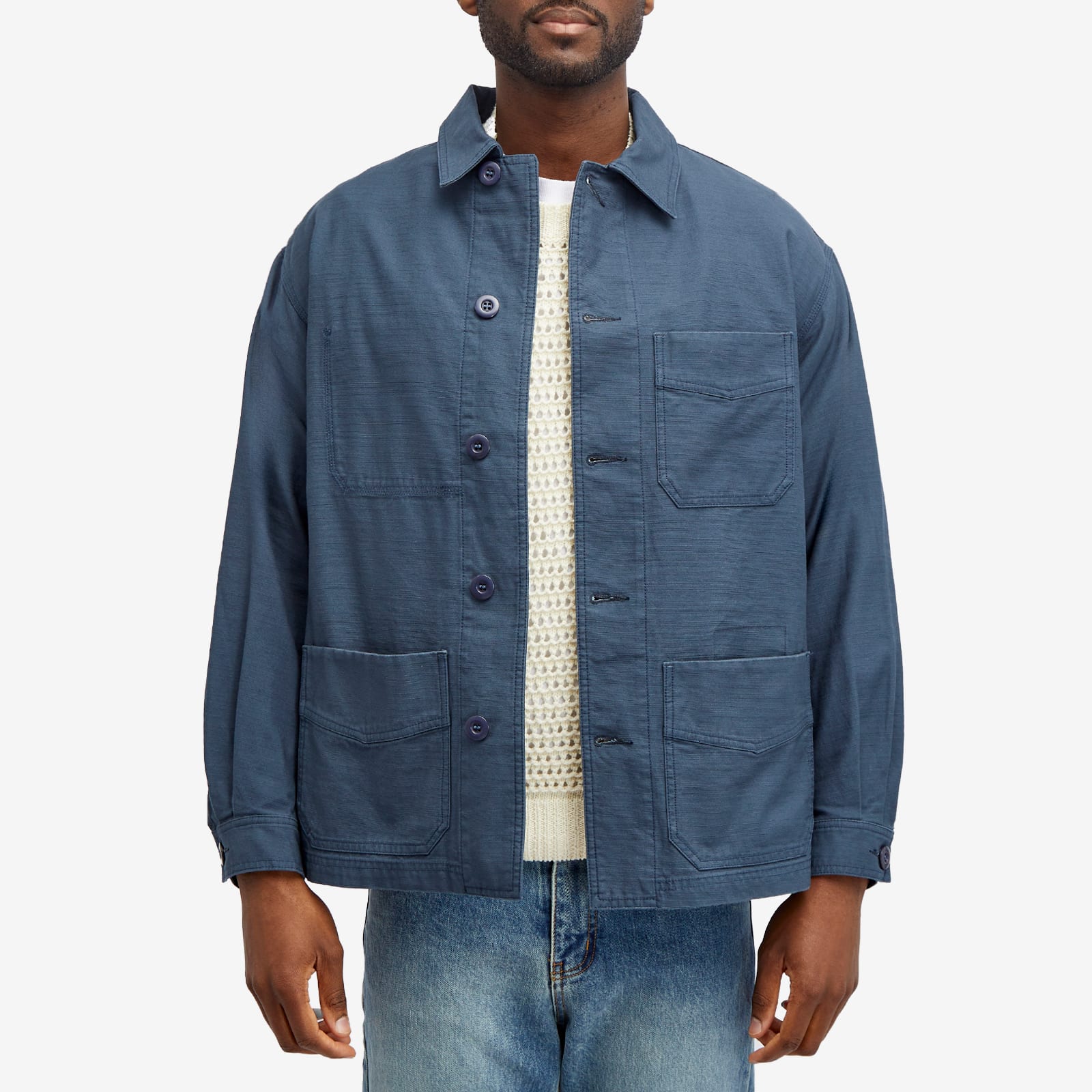 FrizmWORKS Men's Back Satin French Work Jacket Blue - Curated Menswear