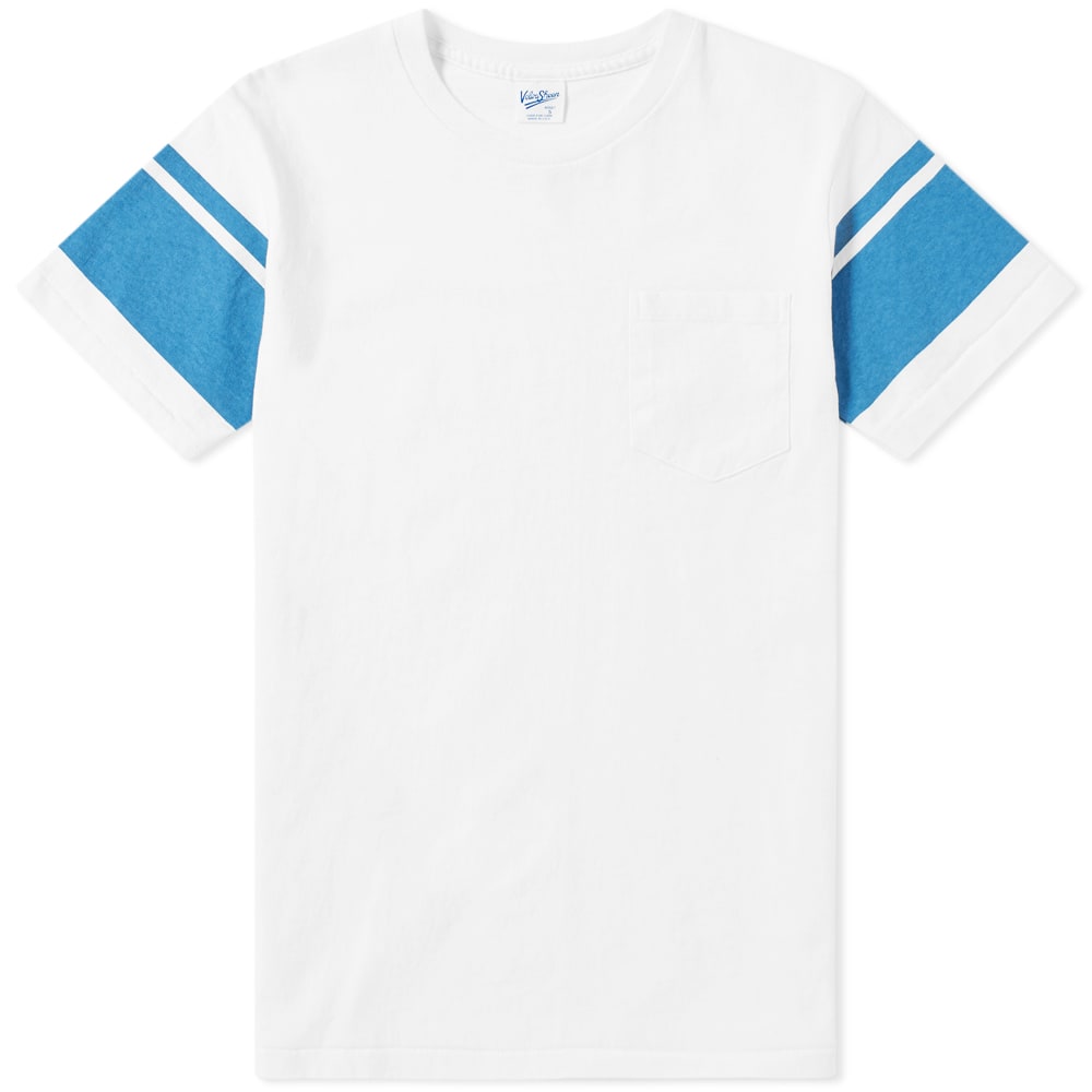 Combining retro basics with a heritage built on collegiate style, Velva Sheen deliver this cotton jersey tee with a duo of blue stripes printed across the cuffs. Crafted in the USA for a truly homegrown look and feel, the fresh white base layer should be at the core of any off-duty look.

100% Cotton
Ribbed Crewneck
Patch Pocket
Striped Cuffs
Made in the USA